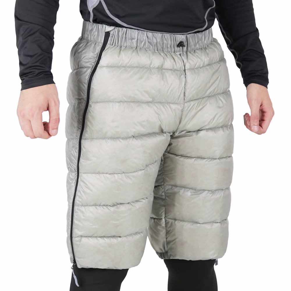 rock front down insulated shorts with zippers ROCK FRONT Down Shorts for backpacking grey