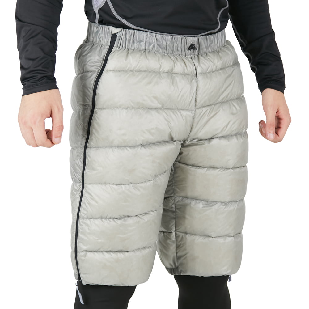 rock front down insulated shorts with zippers ROCK FRONT Down Shorts for backpacking grey